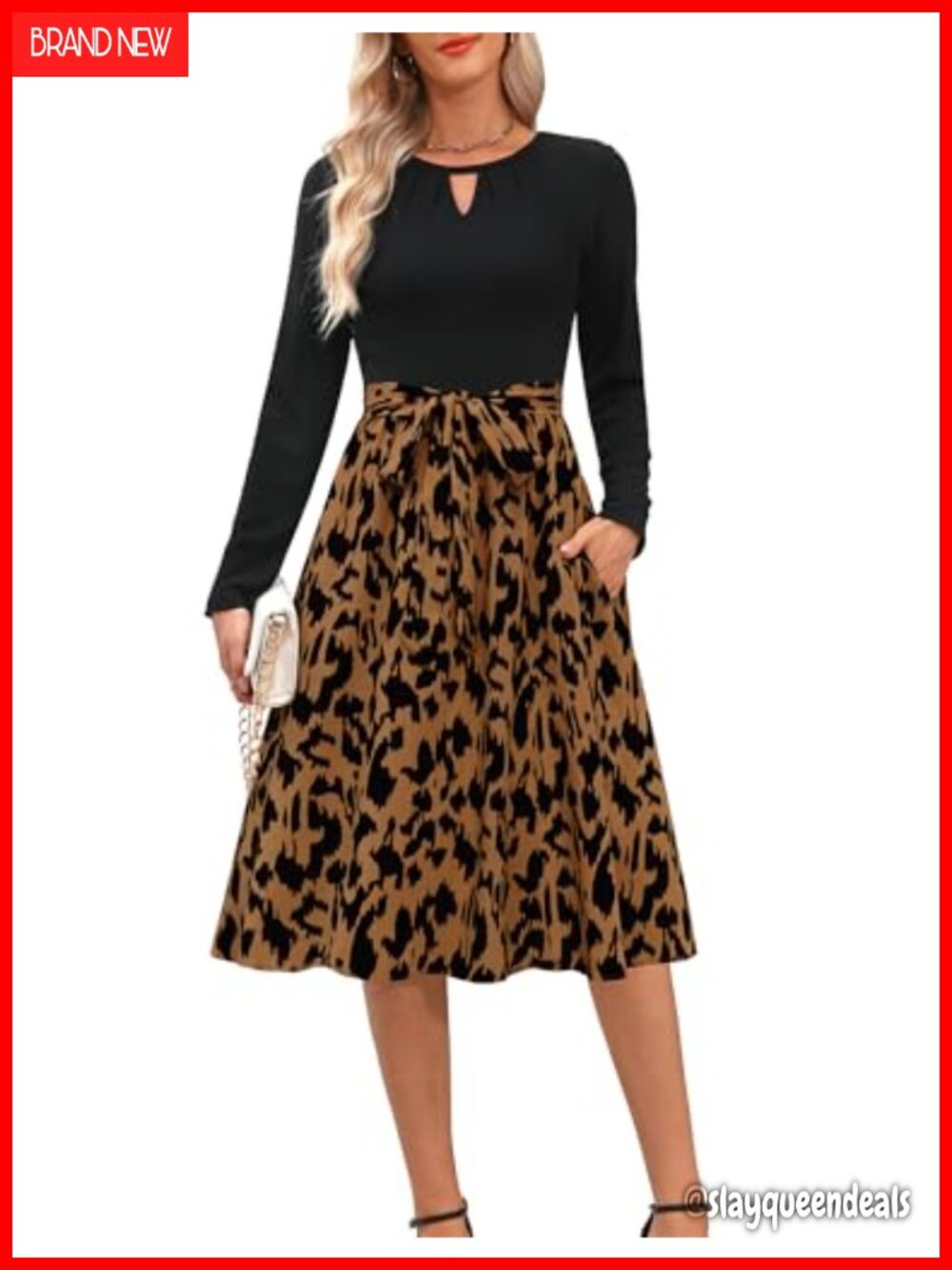 Kranda Long Sleeve Keyhole Ribbed Midi Dress A-Line Pockets